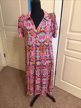 Umgee Pink Multicolor Ikat Printed Midi Dress